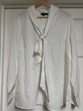 Roma White Tie-Neck Blouse long sleeve